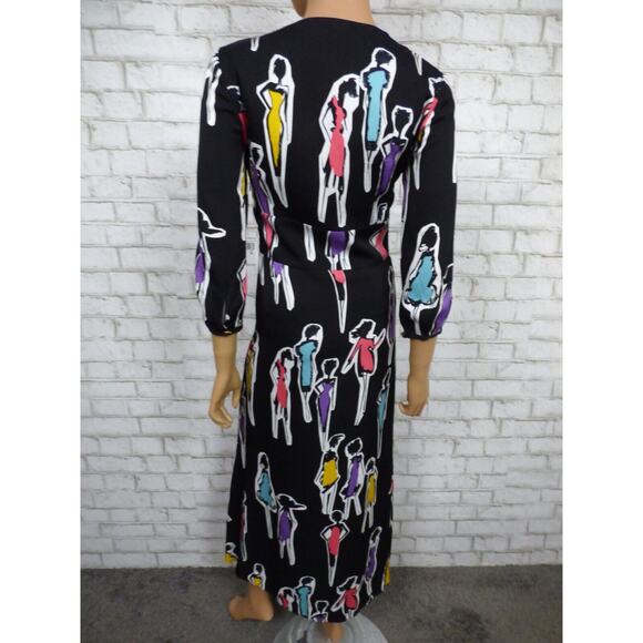 $725 Boutique Moschino Black Multi Print Crepe Midi Vneck Dress 38 US 4 NWT - Picture 11 of 16